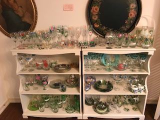 Group of hand painted glass plates, wine glasses