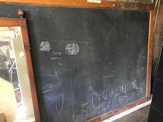 Large antique school slate blackboard, oak framed