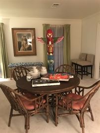 Wonderful old bamboo/rattan Table with 4 Chairs, folk art totem pole, rare collectible vintage games in excellent condition,