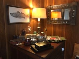 Original Fish artwork,  tin framed mirror, unique old copper and brass lamp with linen shade, lots of neat smalls....