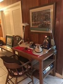 Vintage clamp on floating fixture and desk lamp, desk remains with home. Old (imperfect) cane seat captain’s chair..