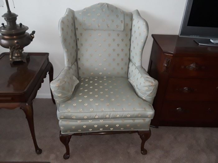 One of two matching Royal Bee fabric professionally  reupholstered wingback chair.