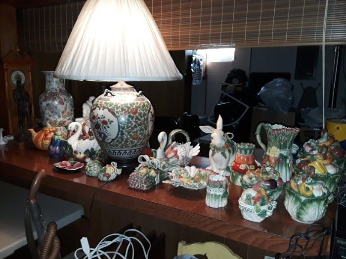 Fitz and Floyd, Asian vase lamp, and other ceramic pieces.