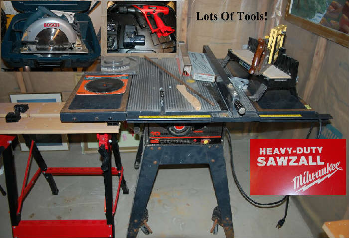 Many nice tools, including Bosch, Craftsman Makita and MORE.  table saw, Router, Band Saw & Delta Chop Saw to name a few.