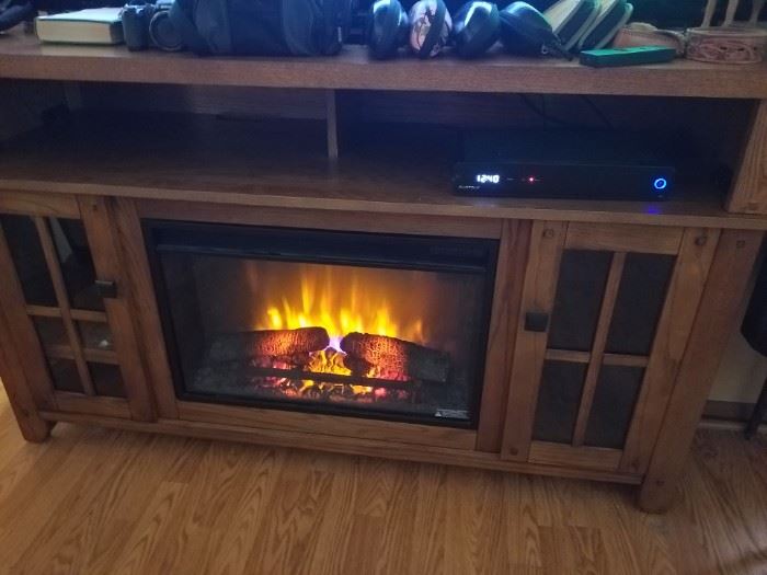 Oak TV stand with removable electric fireplace insert