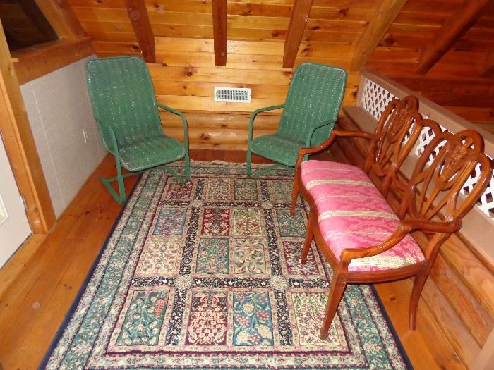  Settee, Area Rug, Green Chairs