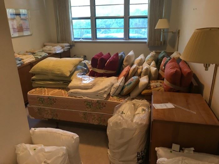Sheets, comforters, blankets, throw pillows, bedroom set (will only sell as a set), sleeping pillows.