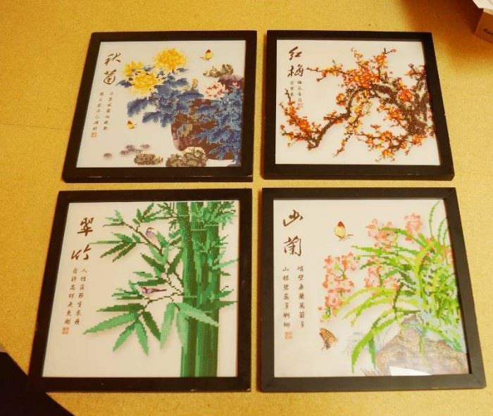 4 Neat Framed Decorative Asian Bead Pictures