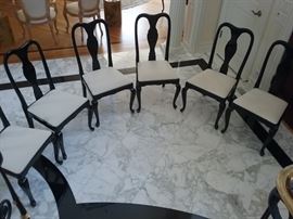 - SET OF 6 BLACK LACQUER CHAIRS WITH WHITE/CRÈME SEATS: Buy with or without dining table.