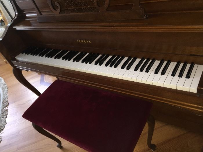 - YAMAHA UPRIGHT QUEEN ANNE PIANO W/CURVED GRACEFUL LEGS, AND YAMAHA BENCH: Seat cover is removable. In excellent condition. Gently used. Beautiful Wood. Gorgeous Tone. Dimensions: Width: 56”. Height: 42.5”. Depth: 24”. Can recommend professional piano movers.