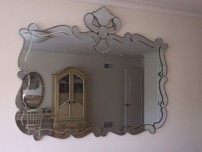 - FABULOUS ART DECO LARGE VINTAGE MIRROR: Width: 5 ft. Height: 4 ft”. Depth: 1”. With hanging mounting bar in back included. 