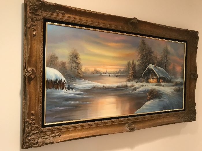 SIGNED ARTWORK/PAINTING OF SNOW SCENE IN GOLD FRAME: Signed: SETWAN. Snow scene. Width: 56”. Height: 32” 
