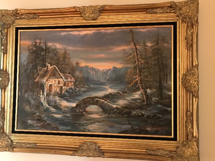 SIGNED ARTWORK/PAINTING OF HOUSE IN WOODS IN GOLD FRAME: Signed SETWAN 1980. Width: 45”. Height: 32.5”