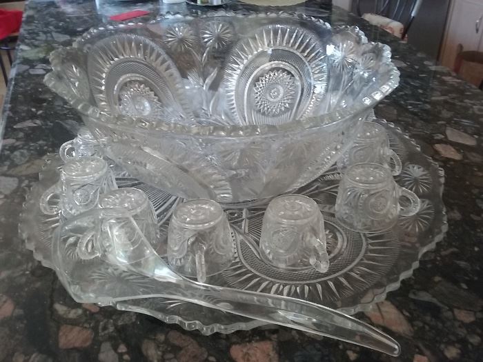 ORNATE PUNCH BOWL SET: SERVING TRAY, 12 CUPS AND SERVING LADLE: Punch bowl diameter: 16.5". Serving Tray: 22.5". 