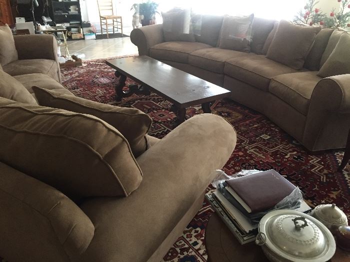 PAIR OF MATCHING LARGE 12 FT SOFAS, COUCHES, SECTIONALS: In excellent condition.THE world's most comfortable sofas! Gently used. Neutral taupe color. Each sofa is made up of 2 separate parts with connectors, for easy moving. No smoking. No pets. No children home. Width: 12 feet. Depth: 40". Seat height: 19". 