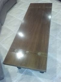 LONG WOOD TABLE W/BRASS INLAID ACCENTS: Length: 60". Width: 20". Height: 18.5". 