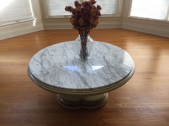 WHITE MARBLE TOP ROUND TABLE: Diameter: 40” Height: 17”