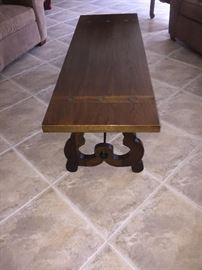 LONG WOOD TABLE W/BRASS INLAID ACCENTS: Length: 60". Width: 20". Height: 18.5". 