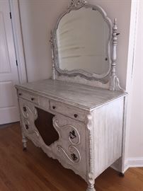 WOOD PAINTED SHABBY CHIC WHITE DRESSER W/MIRROR. 2 DRAWERS: Dresser Width: 47”. Dresser Height: 36”. Mirror width: 34”. Mirror height: 36”. Entire Height of unit from floor to top of mirror: 71”. 