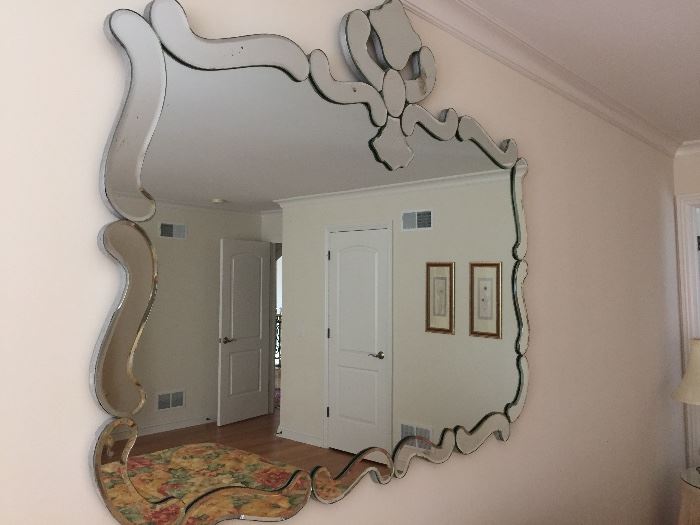 FABULOUS ART DECO LARGE VINTAGE MIRROR: Width: 5 FT”. Height: 4 FT”. Depth: 1”. With mounting hanging bar included