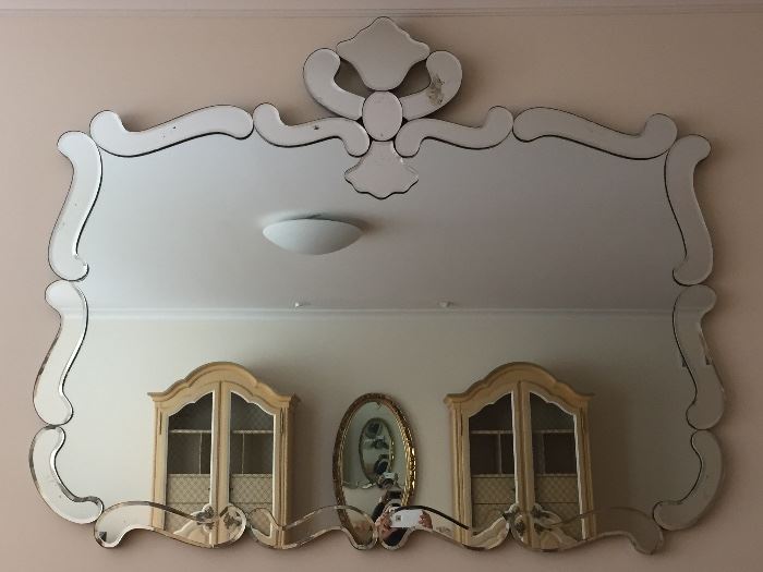 FABULOUS ART DECO LARGE VINTAGE MIRROR: Width: 5 FT”. Height: 4 FT”. Depth: 1”. With mounting hanging bar included