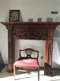 Carved Wood Mantle and embroidered dressing chair