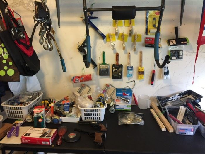 Painting supplies, exercise equipment, free weights, etc.