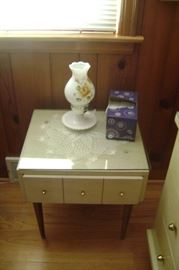 MATCHING CREAM END TABLE BY "MENGEL PERMANIZED FURNITURE"--GLASS TOP AND GOLD ROUND KNOBS