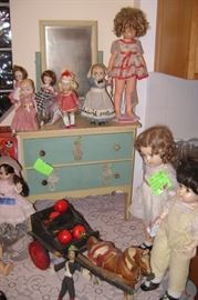 1920'S DOLL OR CHILD'S DRESSER---AQUA AND CREAM ORIGINAL PAINT WITH MIRROR--LITTLE GIRL STENCILS ---SHIRLEY TEMPLE 1970'S DOLL---WOOD TOY HORSE CART