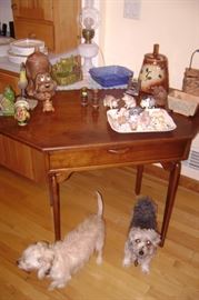 MID CENTURY WALNUT CORNER TABLE BY "LANE" WITH DRAWER--POINTED BACK TO FIT IN A CORNER OF ROOM