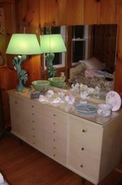 MID CENTURY , OFF WHITE OR CREAM COLOR 2 PIECE BEDROOM SET BY "KENT COFFEY " GLASS TOPS--GOLD KNOBS