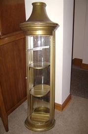 GOLD COLOR, WOOD CURIO CABINET WITH BOWED CURVED GLASS FRONT DOOR--HANGS ON WALL WITH CURVED SHELVES