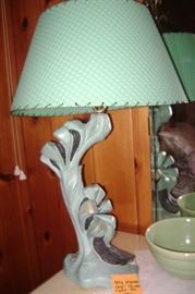 1950'S AQUA AND GOLD PLASTER LAMP--LIGHT BULBS EVEN IN THE FLOWERS--ONE SMALL HOLE IN THE AQUA SHADE AT EDGE