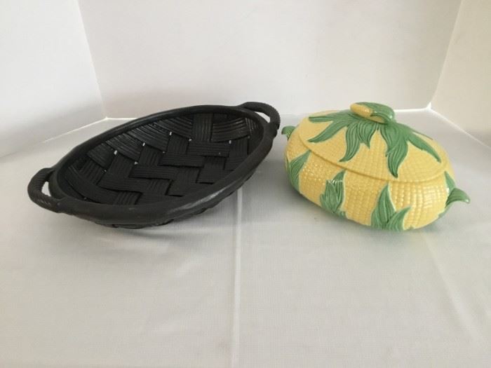 Serving Dish with Lid and Pottery Bread Basket  https://ctbids.com/#!/description/share/49249