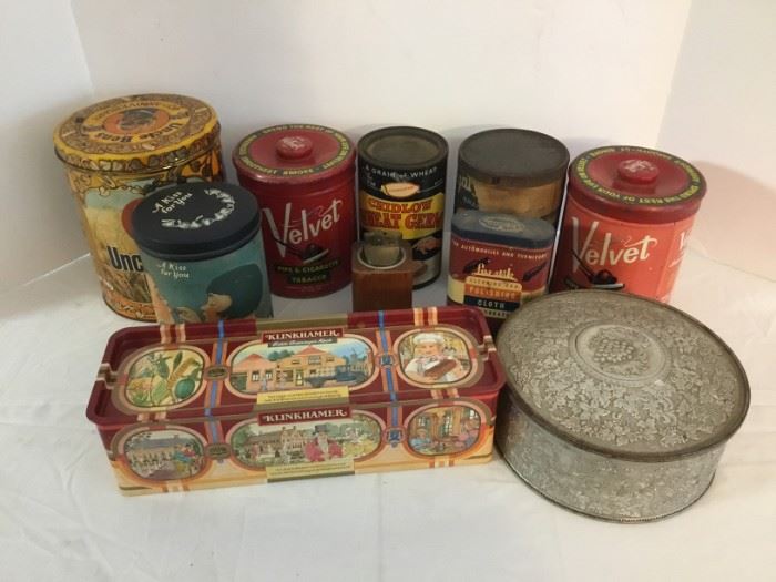 Box of Assorted Metal Tins/Vintage, Wooden Lighter https://ctbids.com/#!/description/share/49378