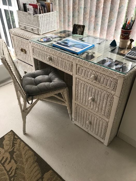 Wicker 4 Drawer Desk, Glass Top and Chair $175