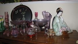 Geisha Girl, fine china - selection of art glass / pink depression vases and more. 
