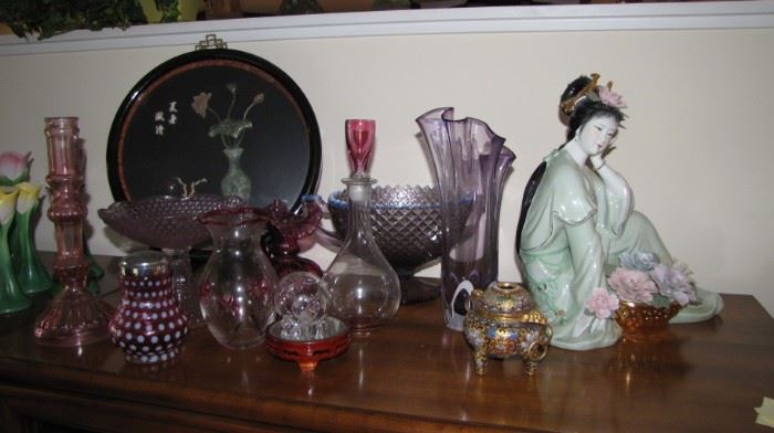 Geisha Girl, fine china - selection of art glass / pink depression vases and more. 