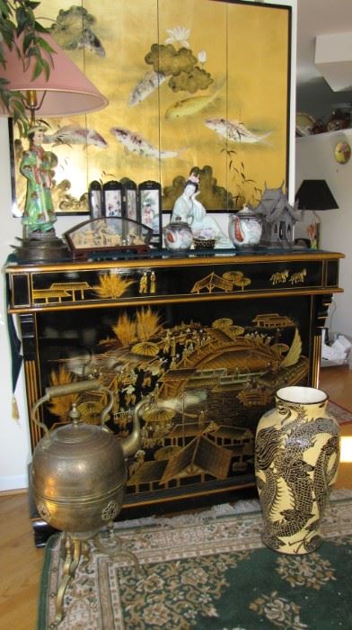antique brass samovar, vase wall, hinged wall art. 