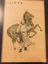 antique wood block Asian warrior and horse--glorious!