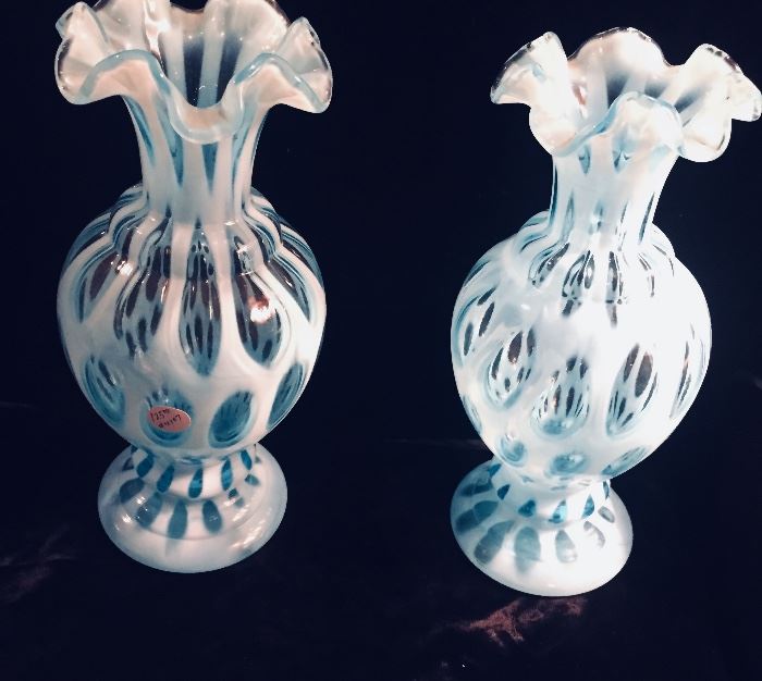 Huge blue opalescent glass coinspot ruffled vases--perfect
