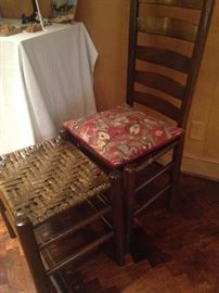 One of two ladder back chairs and foot stools