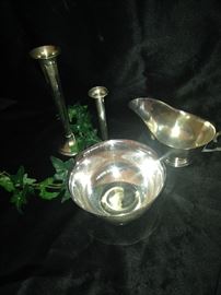 Sterling candle holders; silver plate bowl and gravy boat