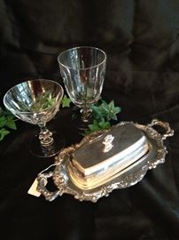 Stemware and silver plate butter dish