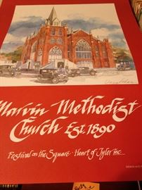 Watercolor poster of Marvin Methodist Church  for Festival on the Square - Heart of Tyler - Tylerite Artist Dana Adams