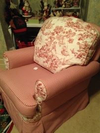 Red and white toile bedroom chair