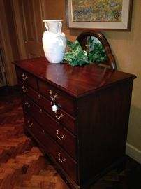 Elegant African mahogany chest with mirror (behind the chest) crafted by Virginia Galleries, Winchester, VA