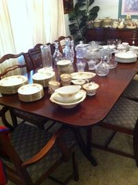 Dining table & chairs, dishes, crystal