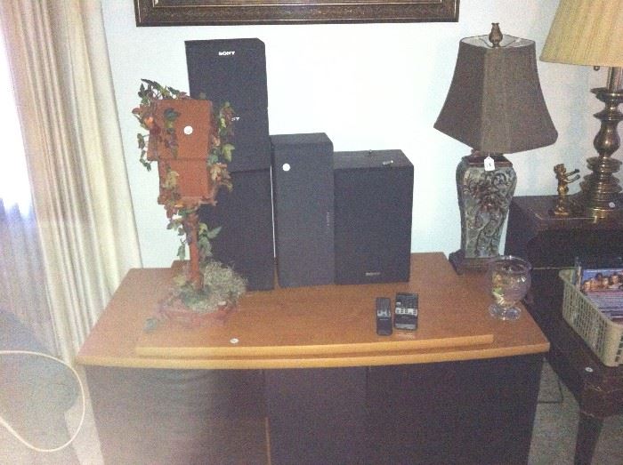 TV console, speakers, birdhouse