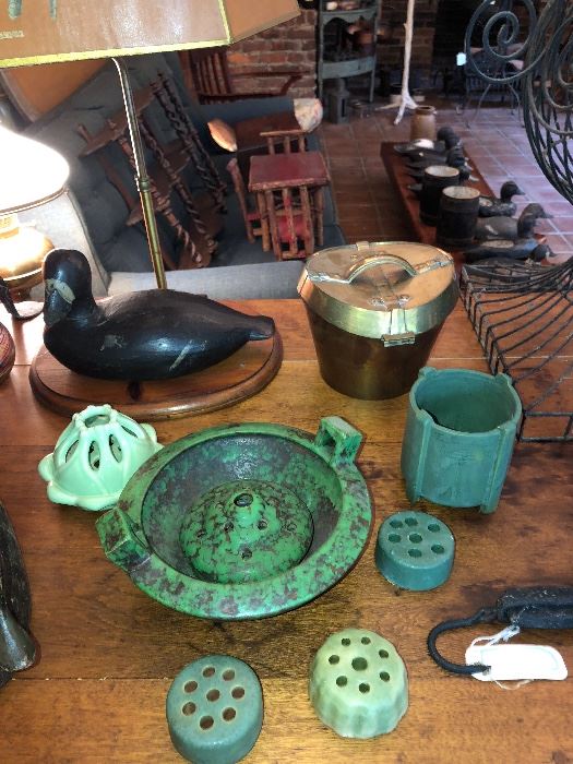 Weller Coppertone bowl with flower frog, a Cowan flower frog to back left and an interesting Arts & Crafts green vase with incised decoration